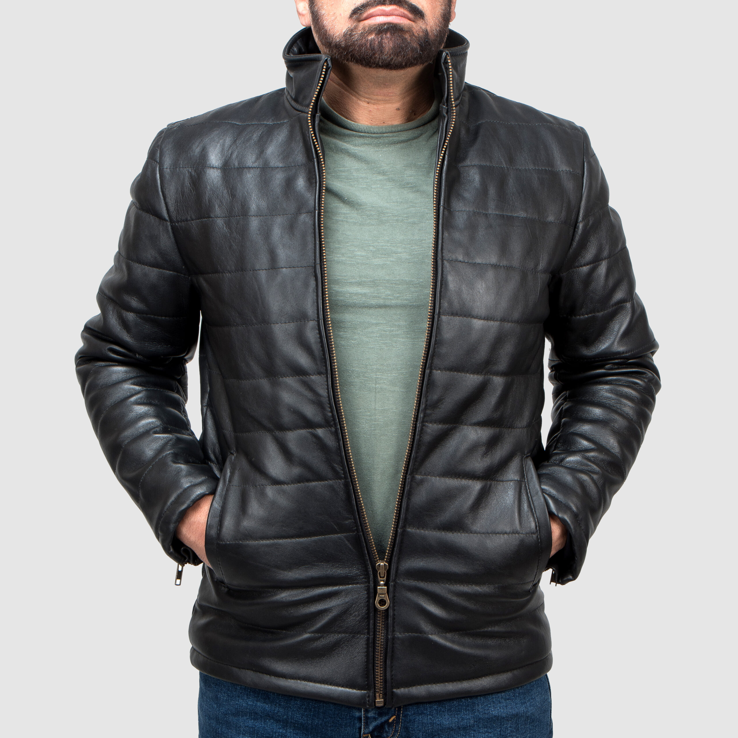 Men's Puffer Bomber Leather Jacket