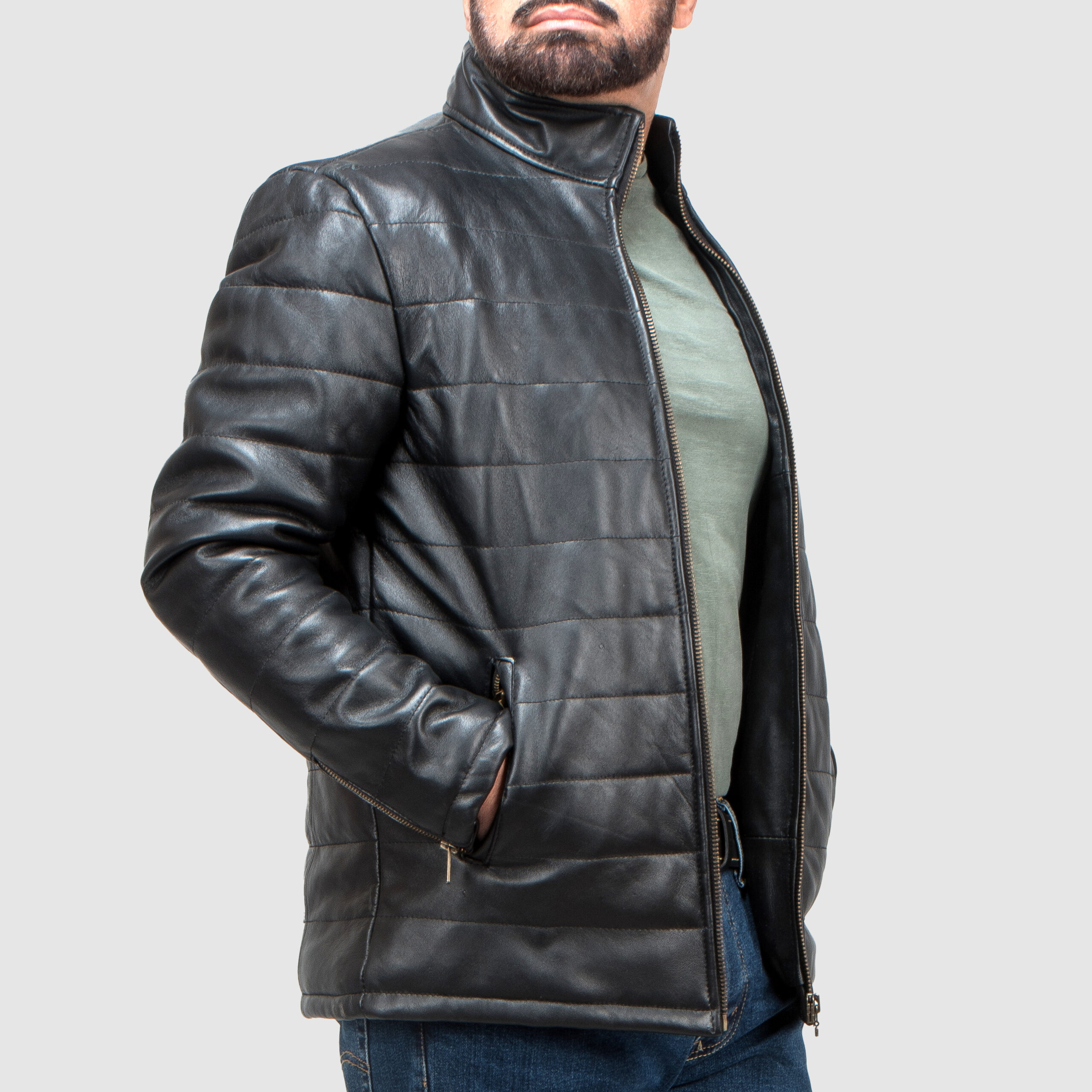 Men's Puffer Bomber Leather Jacket