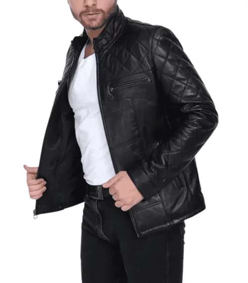 Lightweight-Quilted-Black-Bomber-Leather-Jacket-for-Mens Light weight Quilted Black Bomber Leather Jacket