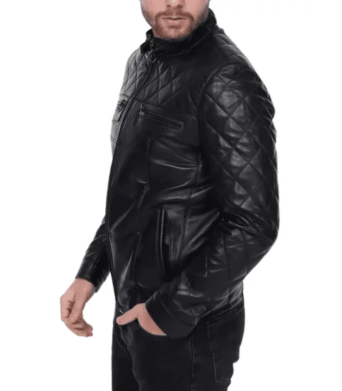 Mens-Lightweight-Quilted-Black-Bomber-Leather-Jacket-1 Light weight Quilted Black Bomber Leather Jacket