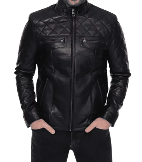 Mens-Lightweight-Quilted-Black-Bomber-Leather-Jacket Light weight Quilted Black Bomber Leather Jacket