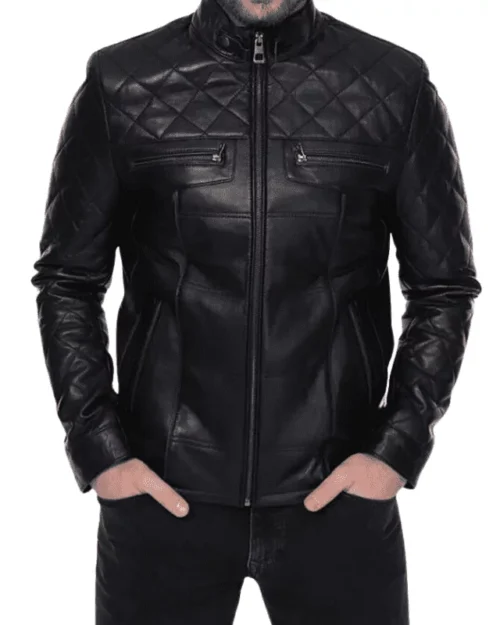 Mens-Lightweight-Quilted-Black-Bomber-Leather-Jacket Light weight Quilted Black Bomber Leather Jacket